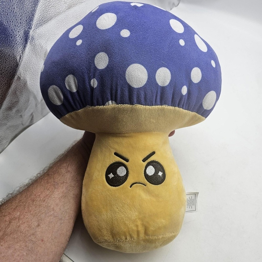 Nanco Mushroom Plush Stuffed Toy 14" Blue Angry Face Cute Washable Kawaii